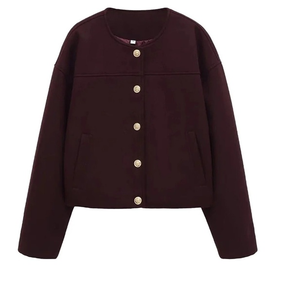 Zara Jackets & Blazers - Zara Gold-Button Round-Neck Jacket in Deep Burgundy